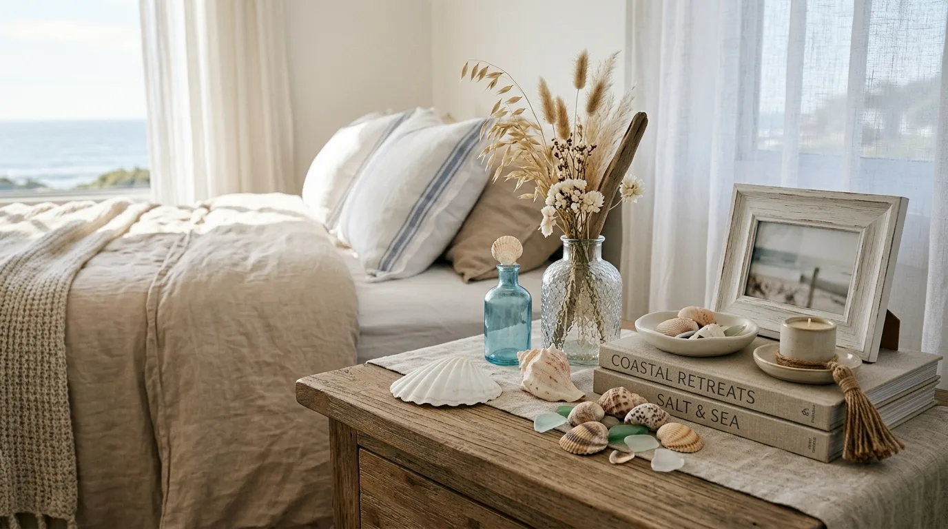 Bring in blue and sand tones with a restrained hand inspiration for a coastal bedroom.